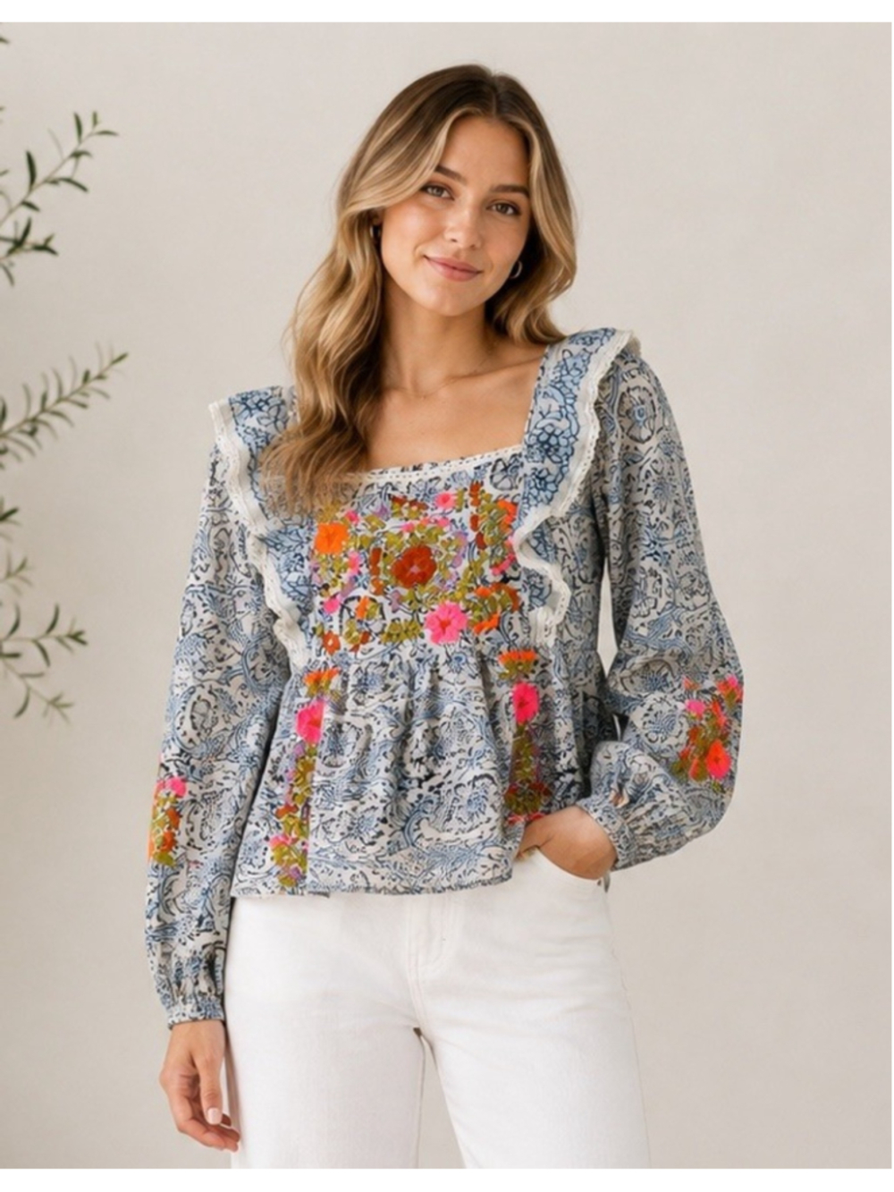 Love The Label Floral Embroidery Smocked Ruffle Top XS Peasant Boho Festival